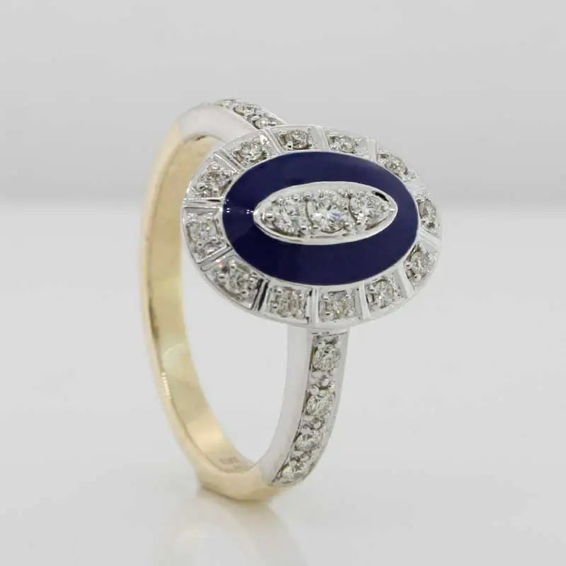 9 Carat Yellow & White Gold Diamond Blue Enamel Oval Anqtique Style Dress Ring