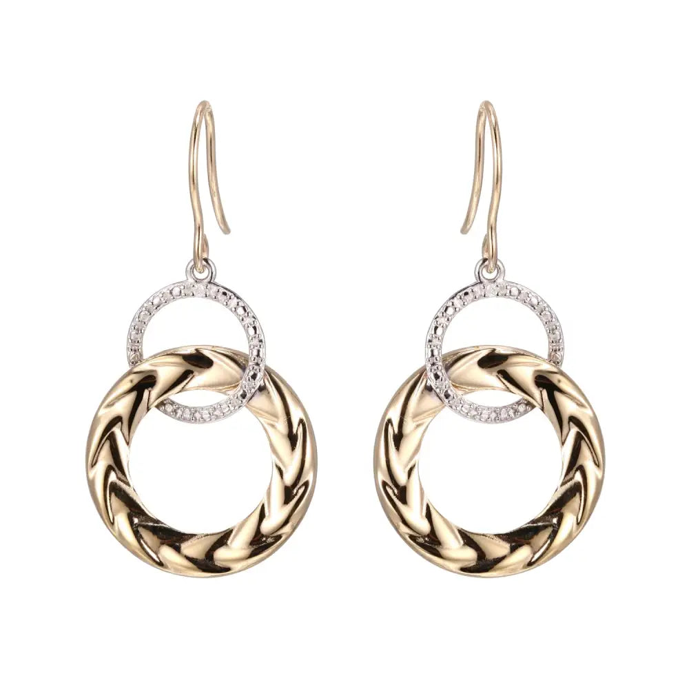 9 Carat Yellow & White Gold Double Circle Shepherd Hook Drop Earrings with Diamond 