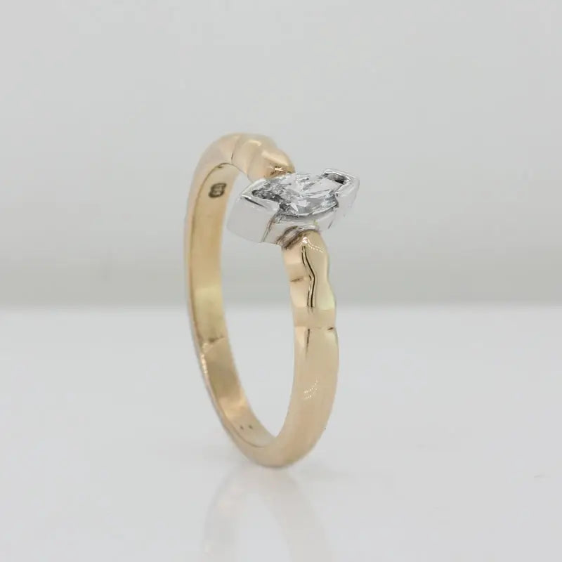 9 Carat Yellow & White Gold Handmade 0.22 Carat Marquise Diamond Engagement Ring