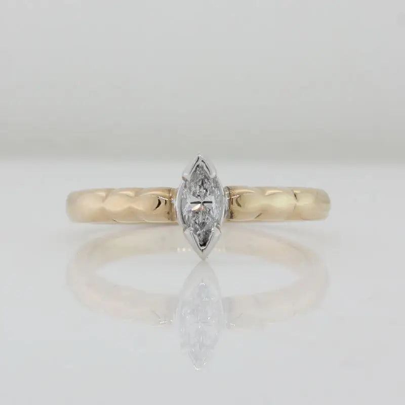 9 Carat Yellow & White Gold Handmade 0.22 Carat Marquise Diamond Engagement Ring