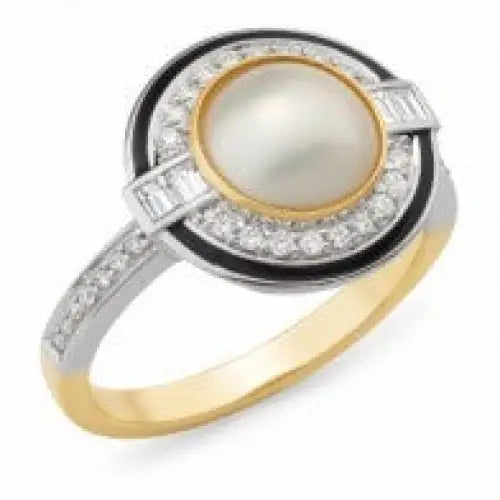 9 Carat Yellow & White Gold Mabe Pearl, Baguette & Round Diamond & Blue Enamel Ring