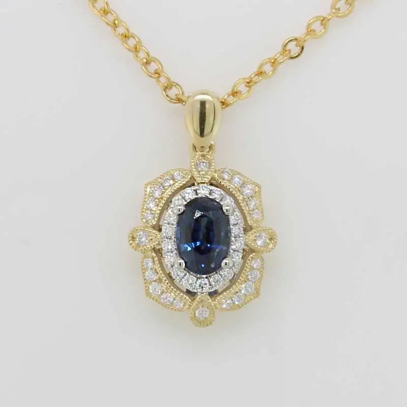 9 Carat Yellow & White Gold Vintage Style Australian Sapphire & Diamond Halo Pendant