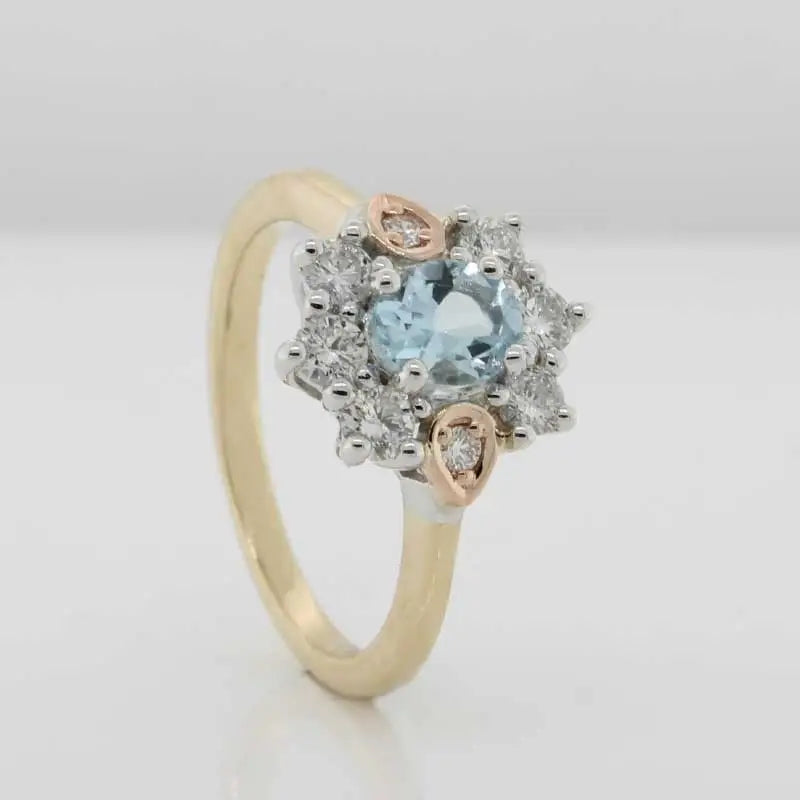 9 Carat Yellow, White & Rose Gold  Aquamarine & Diamond Cluster Dress Ring