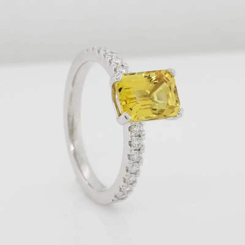 9 Crarat White Gold 2.42ct Emerald Cut Yellow Sapphire & Diamond Ring 