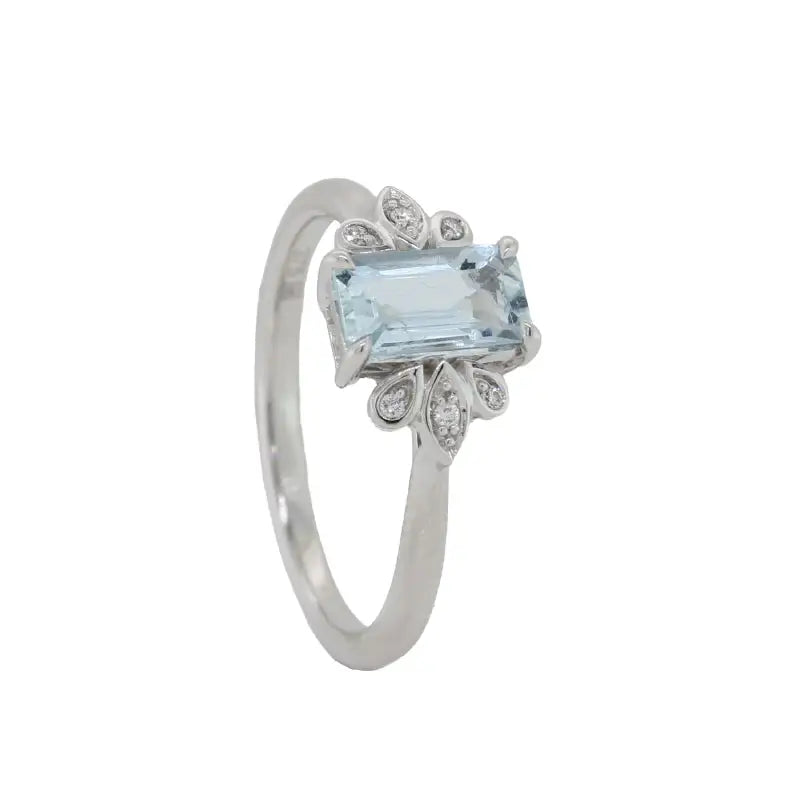 9ct White Gold Aquamarine Emerald Cut 7.9x4.3mm 0.72ct Light Blue and Diamond Ring