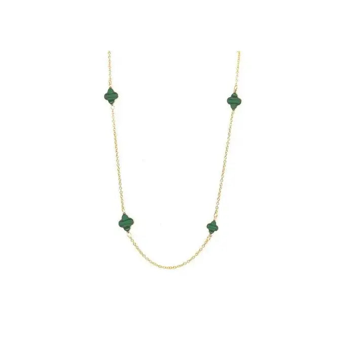 9ct Yellow Gold 44cm Tracelink Chain with Five Malachite Clover Shapes