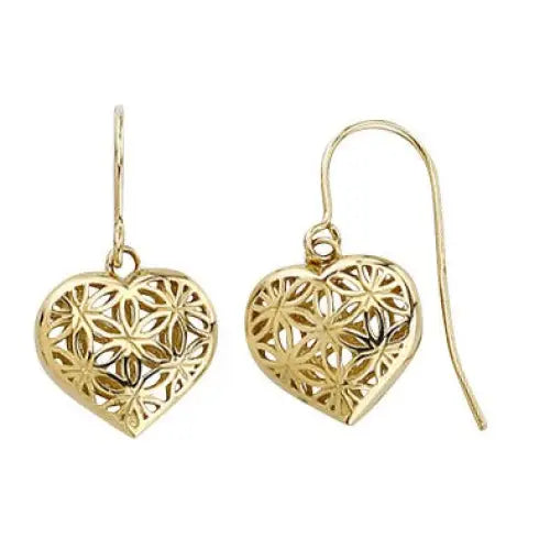 9ct Yellow Gold Filigree Heart Shaped Earrings on Shepherds Hook