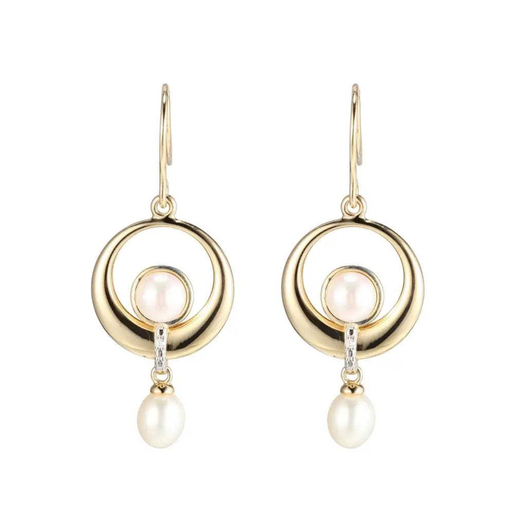 9ct Yellow Gold Fresh Water Pearl and Diamond Earrings on Shepher Hooks Fresh Water Pearl, Total Diamond Weight 01ct