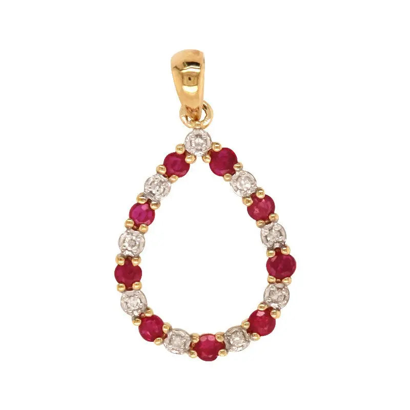 9ct Yellow Gold Natural Ruby and Diamond Tear Drop Pendant TDW 0.048ct 