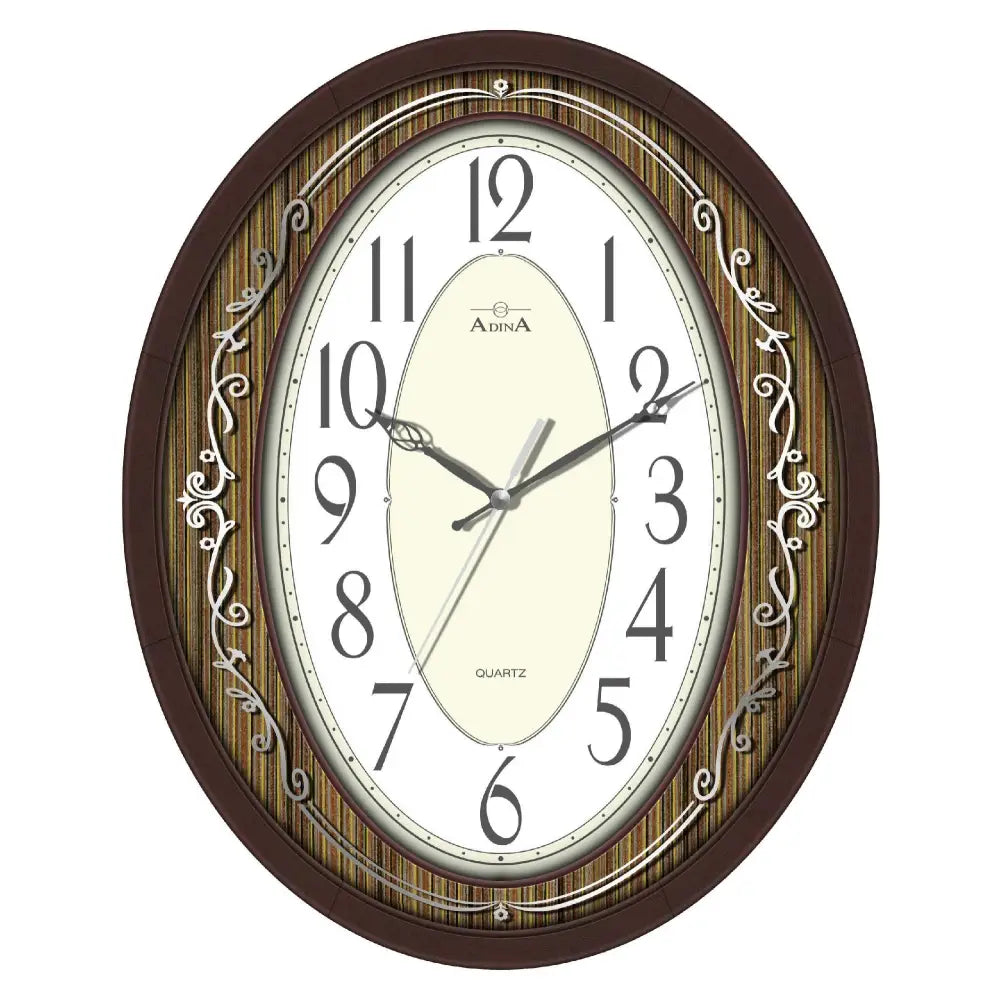 Adina Oval Wall Clock - Arabic Numbers - Timber Look Trim with Silver Filagree Design Overlay.