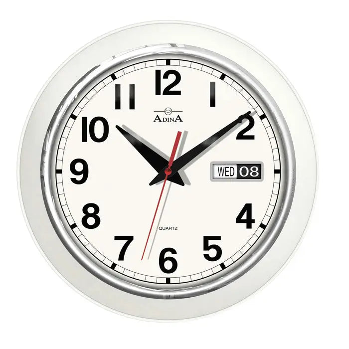 Adina Wall Clock - Bold Arabic Numbers - Silver Trim on Deep White Base