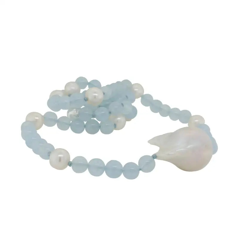 Aquamarine (5.4mm), Fresh Water Pearl (6.7mm) and Nucleated Freshwater Pearl 42cm Necklet with 8mm Magnetic Clasp