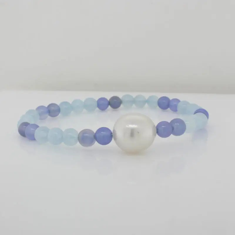 Aquamarine, Chalcedony and Pearl Elastic Bracelet