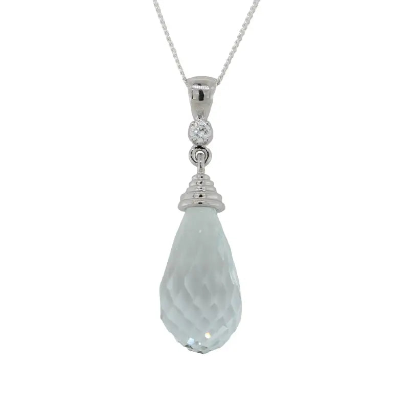 Aquamarine Drop Briolette Drop 19 x 9mm 8.46ct Light Blue 18 Carat White Gold 0.04 Carat Round Brilliant Cut Diamond Pendant