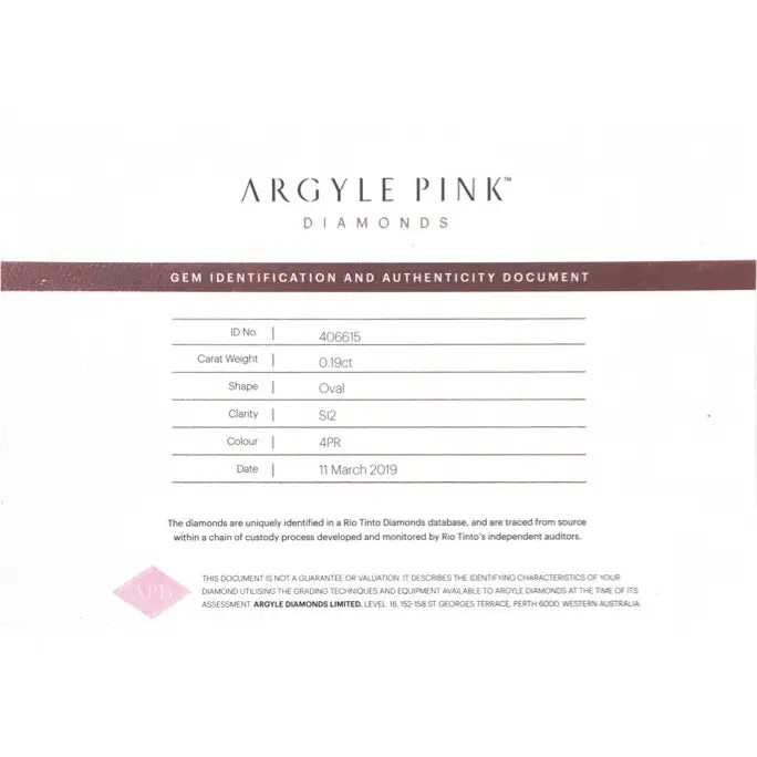 Argyle Pink Diamond Oval 0.19ct 4P Lot # 406615 Seaspray