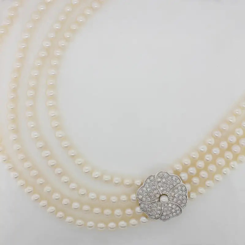 Audrey 4 Row  Fresh Water Pearls with White Cubic Zirconia Flower Necklet