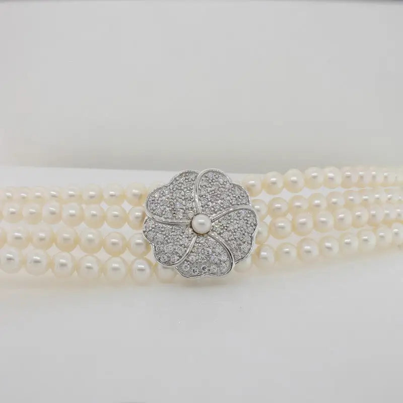 Audrey 4 Row  Fresh Water Pearls with White Cubic Zirconia Flower Necklet