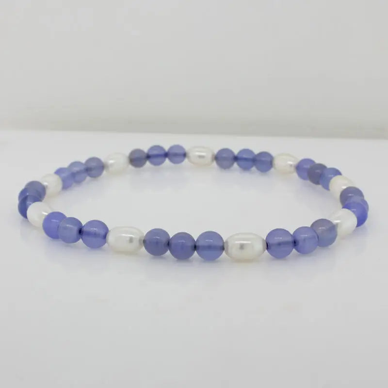 Blue Chalcedony and Pearl Elastic Bracelet - 19.5cm