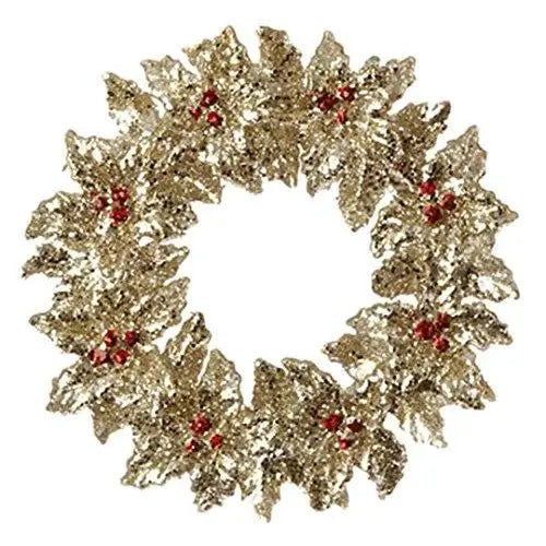 Christmas Glittered Gold Holly And Red Berry Wreath Ornament