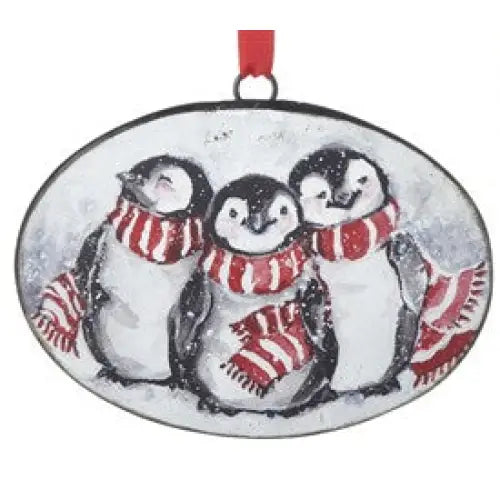Christmas Three Snow Penguins Oval Disc Ornament 12cm