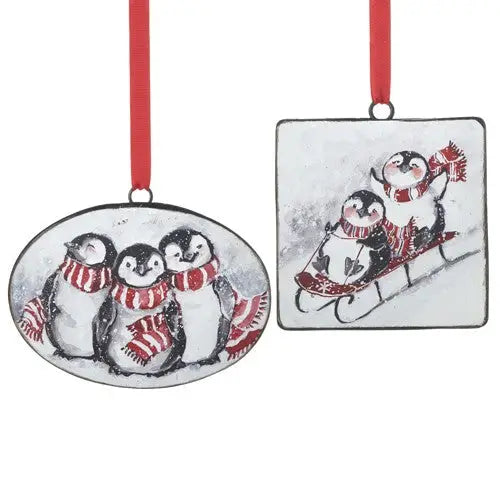 Christmas Three Snow Penguins Oval Disc Ornament 12cm