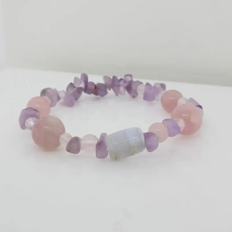 Elastic Amethyst, Rose Quartz and Agate Bracelet