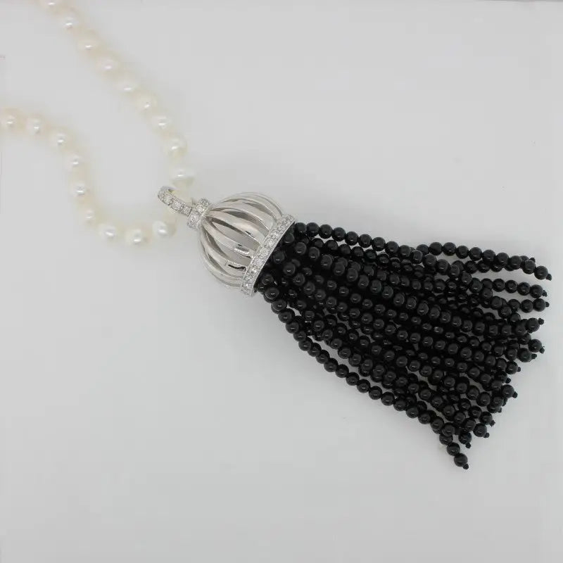 Freshwater Pearl Strand with Sterling Silver Black Onyx & Cubic Zirconia Tassel