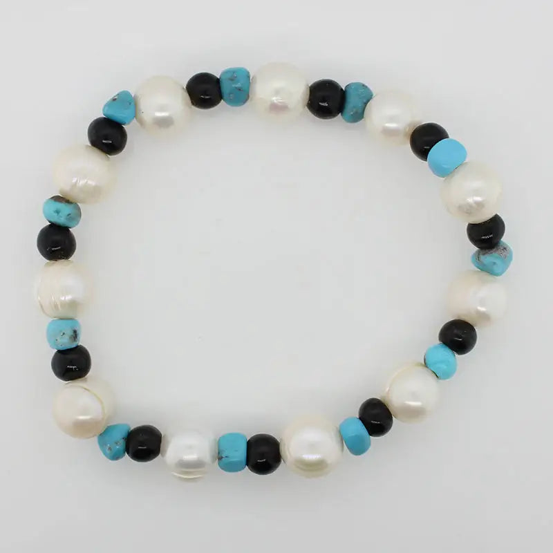 Freshwater Pearl, Turquoise and Obsidian Elasticised Bracelet
