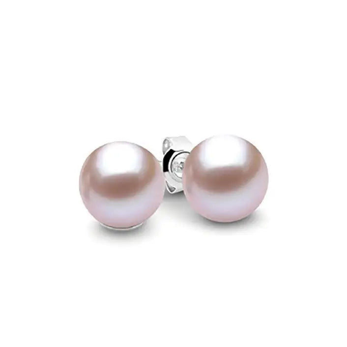 Ikecho Sterling Silver Pink Round Freshwater Pearl Stud Earrings 8-8.5mm