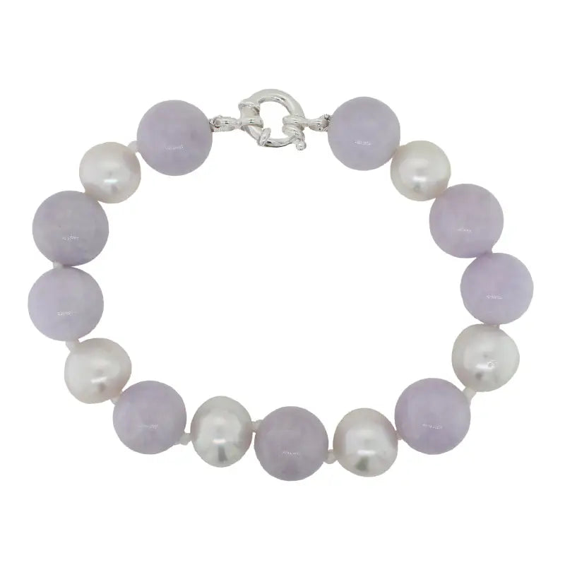 Lilac Jade and White Pearl Knotted Bracelet - 21cm with a Sterling Silver Euro Bolt Ring Clasp