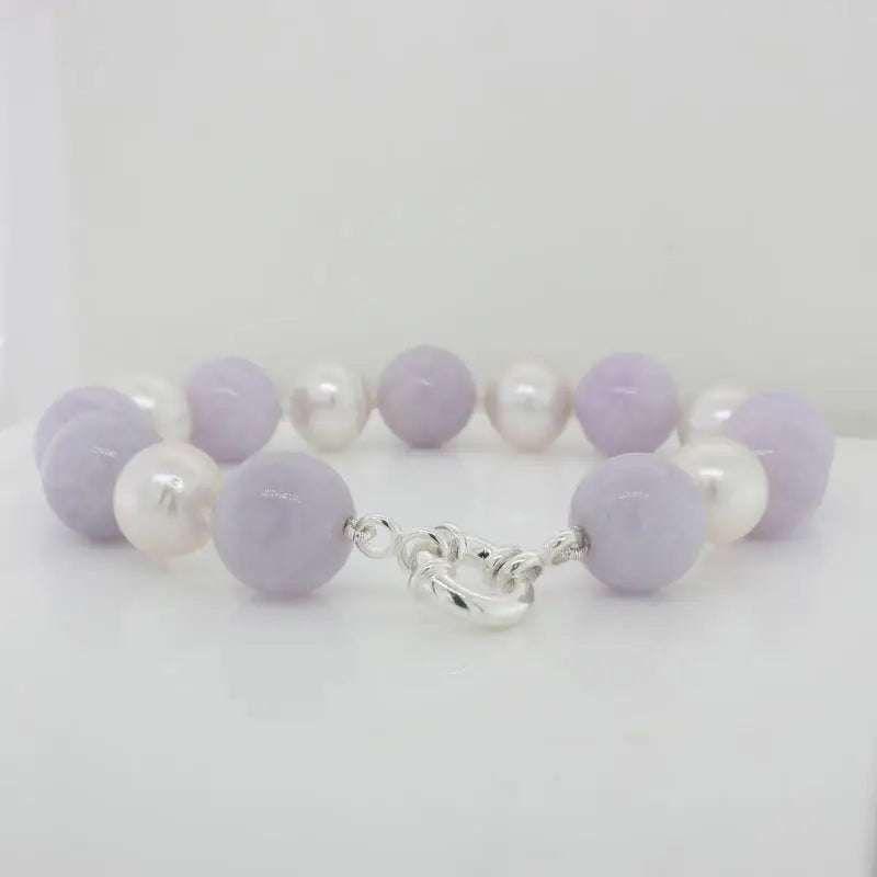 Lilac Jade and White Pearl Knotted Bracelet - 21cm with a Sterling Silver Euro Bolt Ring Clasp