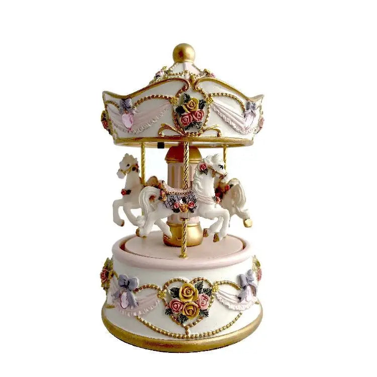 Musical Carousel - Pink White & Gold with Hoses & Roses