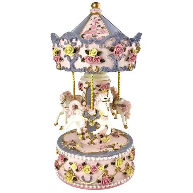Musical Carousel - Pink & White with Three Horses & Roses