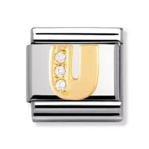 Nomination Classic Composable Letter 'U' Charm Stainless Steel/18k Yellow Gold and Cubic Zirconia