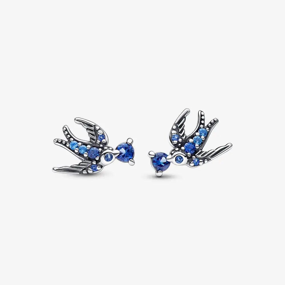 Pandora Sterling Silver Swallows Stud Earrings with Blue Stones