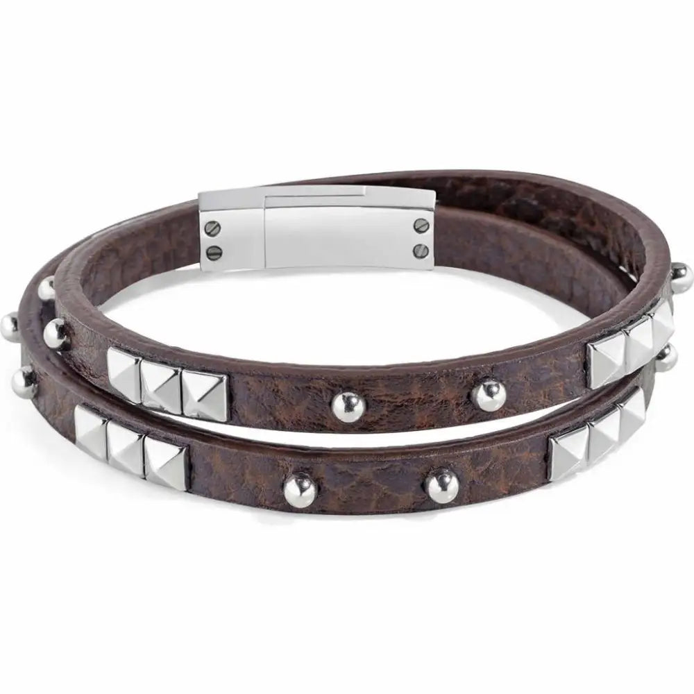 'Sector' Rock -  Brown Leather Double Bracelet w. S/Steel Studs