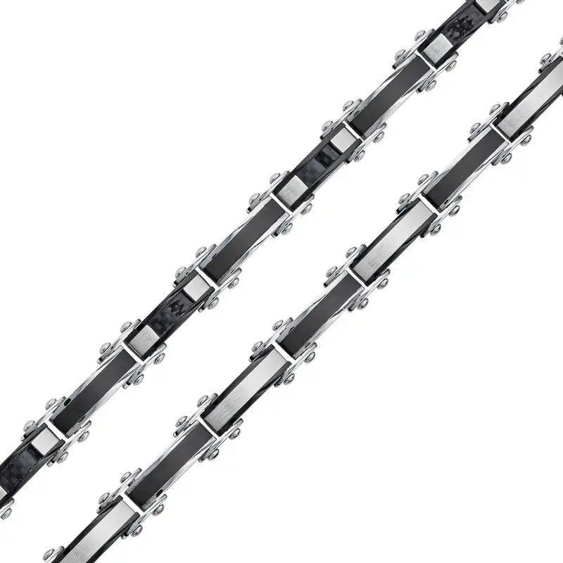 Silver and Black IP Plated Plated Carbon Fiber Stainless Steel Double Sided Bracelet