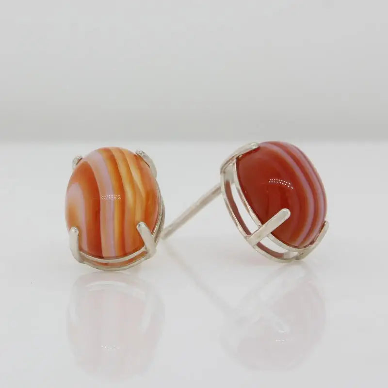 Sterling Silver 10mm x 8mm Oval Cabochon Banded Agate 4 Claw Stud Earrings