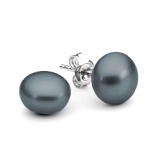Sterling Silver  11-11.5mm Black Button Fresh Water Pearl  Studs