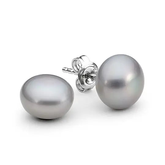Sterling Silver 11mm Grey Button Fresh Water Pearl  Stud Earrings 