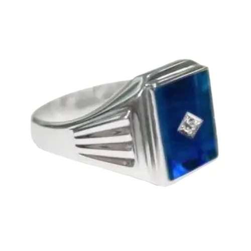 Sterling Silver 12x10mm Syn Blue Spinel & CZ Gents Ring
