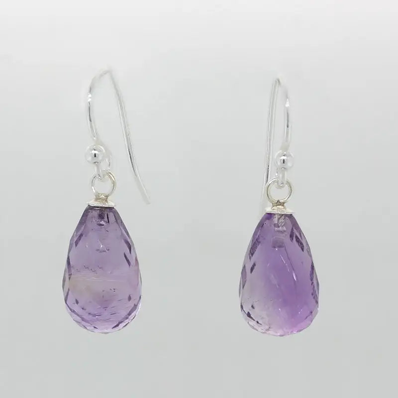 Sterling Silver 13mm x 8mm Briolette Amethyst A+ Drop Shepherd Hook Earrings