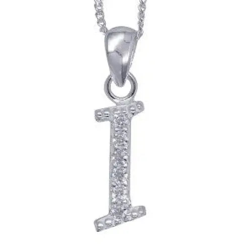Sterling Silver 13x10mm Cubic Zirconia Set Script Initial "I" Pendant with 45cm Curb Chain