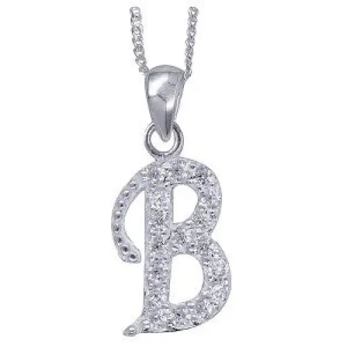 Sterling Silver 13x10mm Cubic Zirconia Set Script Initial "B" Pendant with 45cm Curb Chain