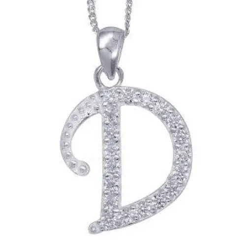 Sterling Silver 13x10mm Cubic Zirconia Set Script Initial "D" Pendant with 45cm Curb Chain