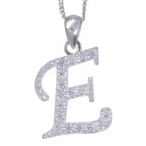 Sterling Silver 13x10mm Cubic Zirconia Set Script Initial "E" Pendant with 45cm Chain