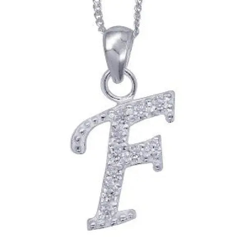Sterling Silver 13x10mm Cubic Zirconia Set Script Initial "F" Pendant with 45cm Curb Chain