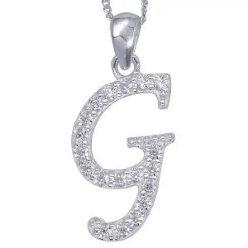Sterling Silver 13x10mm Cubic Zirconia Set Script Initial "G" Pendant with 45cm Curb Chain