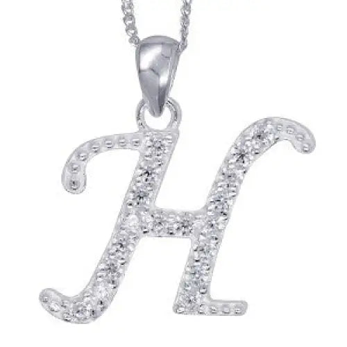 Sterling Silver 13x10mm Cubic Zirconia Set Script Initial "H" Pendant with 45cm Curb Chain