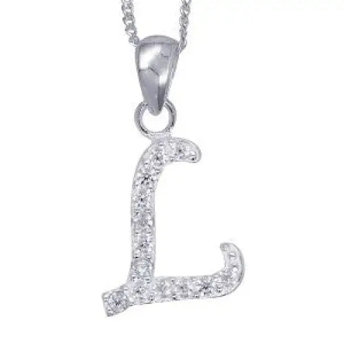 Sterling Silver 13x10mm Cubic Zirconia Set Script Initial "L" Pendant with 45cm Curb Chain